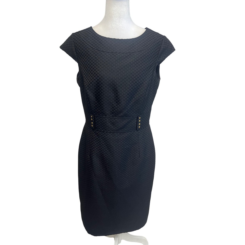 Tahari Arthur S Levine Sheath Dress Sz 8 Black Textured Cap Sleeve Office